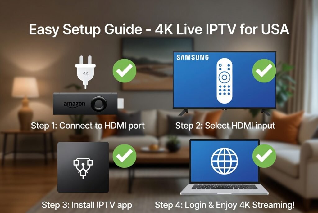 Easy setup guide for 4K Live IPTV for USA on Amazon Firestick, Samsung Smart TV, laptop and other devices with step-by-step instructions