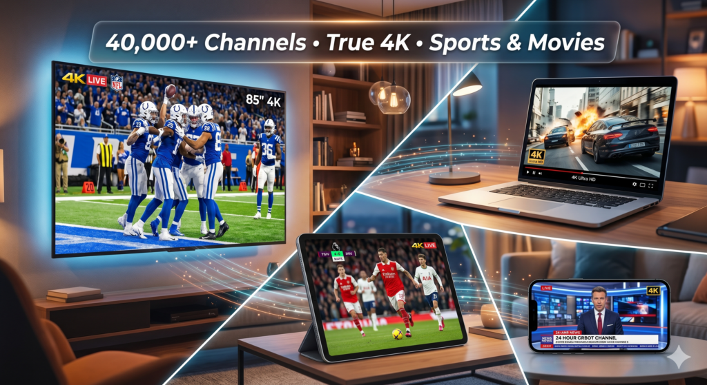 4K Live IPTV streaming collage showing sports, movies and live TV in Ultra HD quality 2026