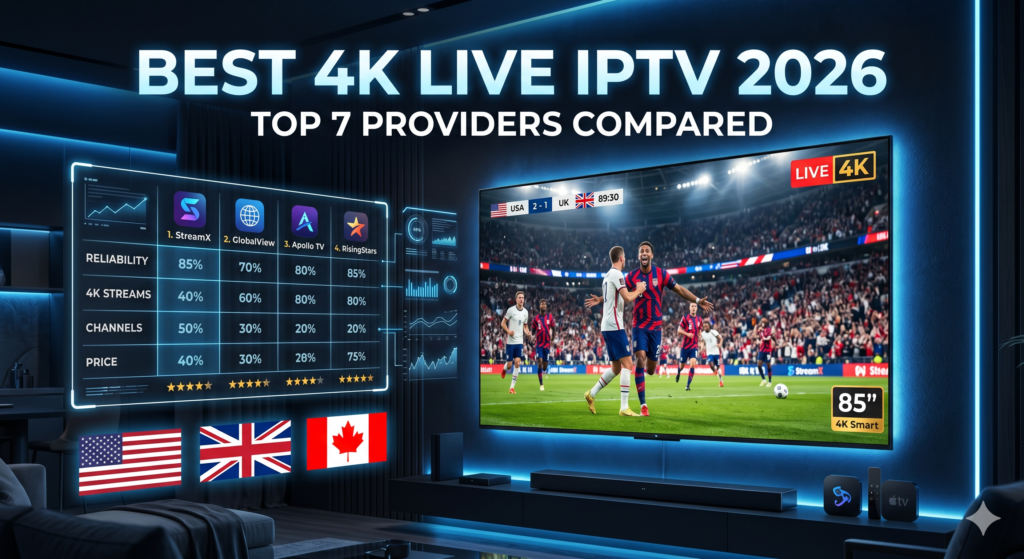 Best 4K Live IPTV 2026 - Top 7 Providers Compared with performance charts and USA UK Canada flags