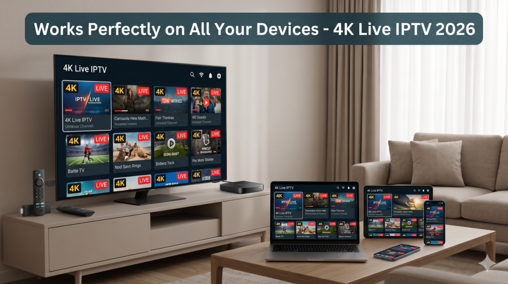 4K Live IPTV compatible devices including Firestick, Smart TV, iPhone and more - Easy Setup 2026