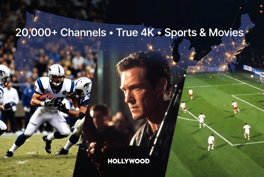 20,000+ channels collage for 4K Live IPTV for USA showing NFL football, Hollywood movies, and soccer in true 4K quality with USA map background