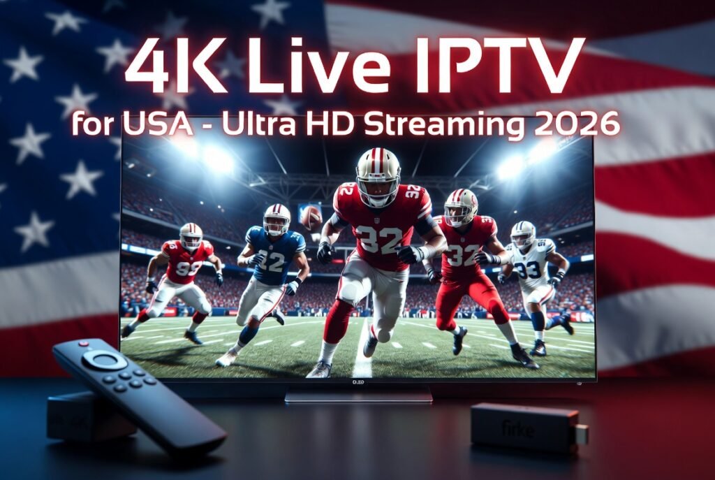 4K Live IPTV for USA - Ultra HD streaming on large TV showing NFL football game with American flag background, Firestick 4K and remote, 2026